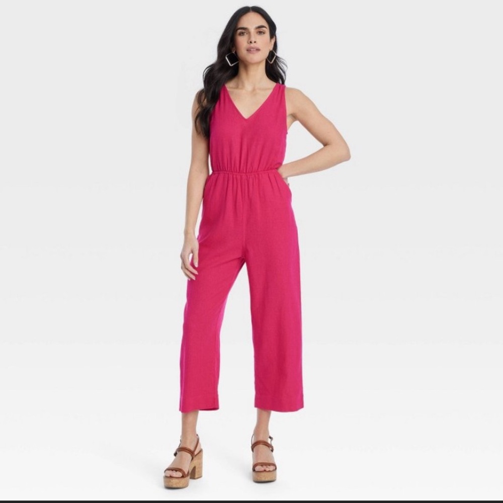 Linen Pink V-Neck Jumpsuit